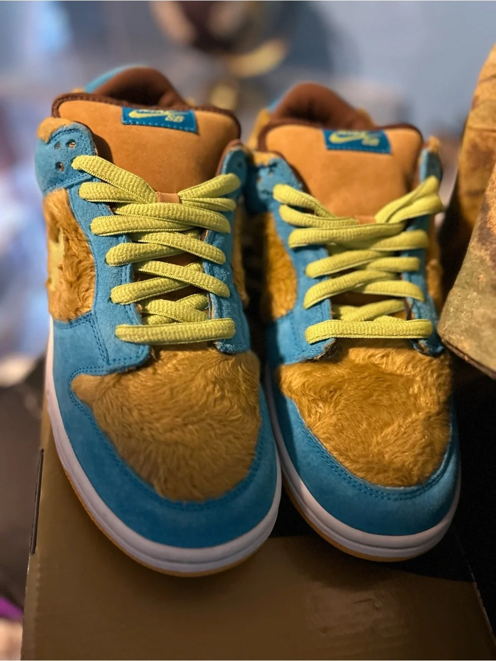 Nike Blue and Brown Furry Low-Top Sneakers with Yellow Sole